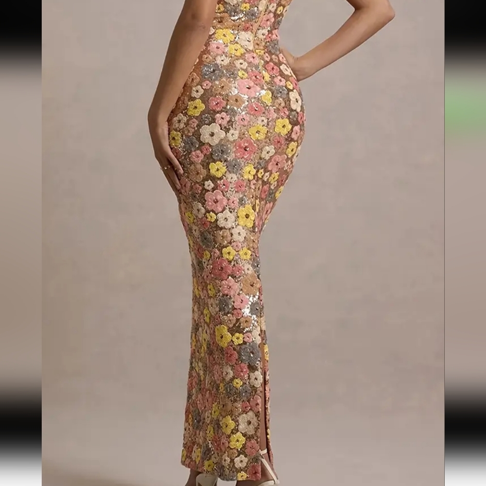 Floral Pattern Sequined Cami Dress, Elegant Backless Sleeveless Split Hem Slim - Picture 5 of 5
